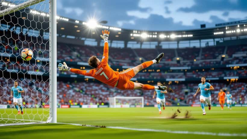 Senne Lammens, jeune gardien de but belge, lors d'un arrêt spectaculaire en 2026