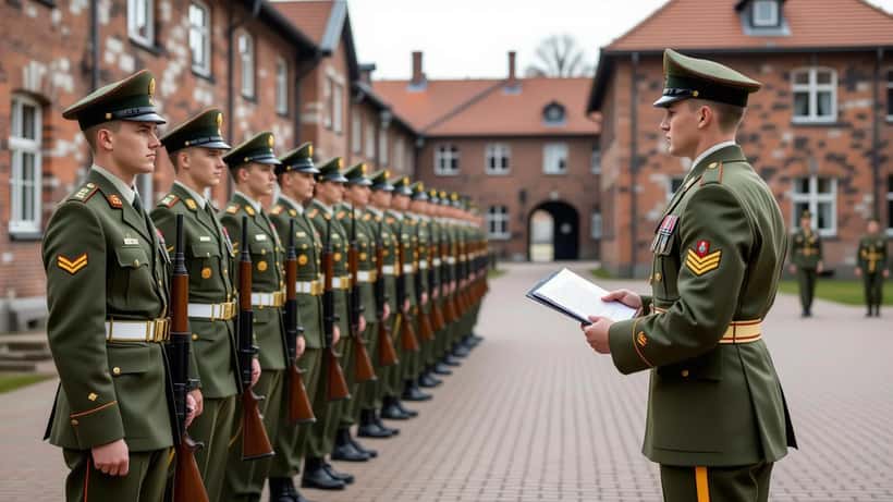 Unge danske værnepligtige i uniform står i geled på en kaserne, mens en sekondløjtnant taler til dem