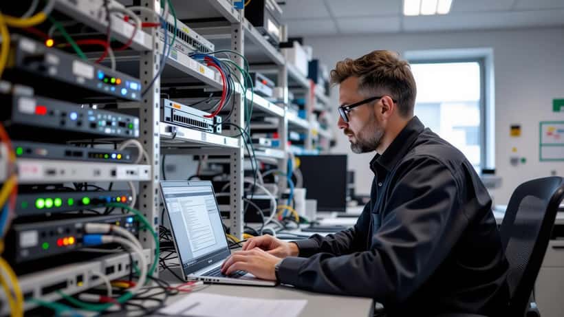 Tecnico informatico controlla firewall e rete nel retro di un piccolo studio