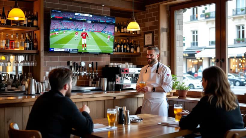 Café suisse avec match de football sur grand écran et supporters assis devant leur verre
