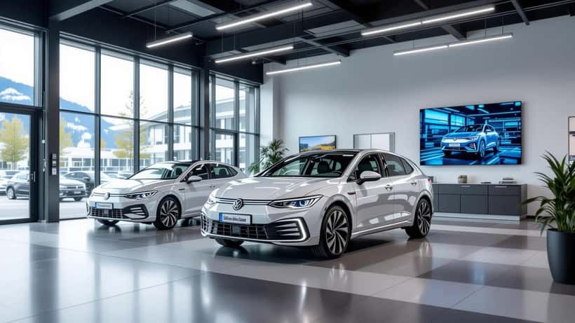 VW ID.2all und ID.4 in einem modernen österreichischen Showroom mit Werkstatt
