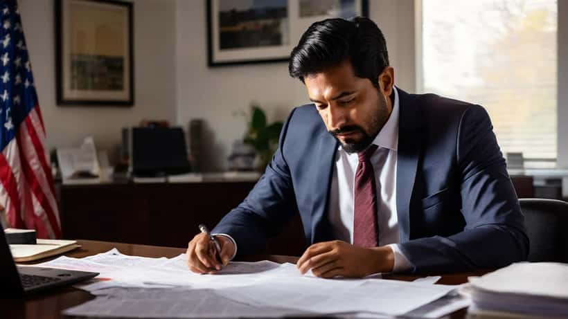 Profesional revisando documentos de visa H-1B y formularios de inmigración en una oficina