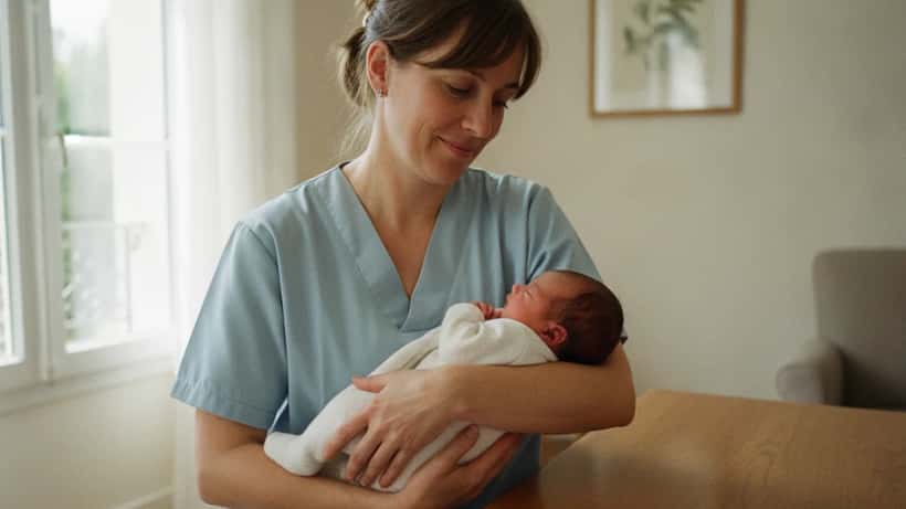 Sage-femme tenant un nouveau-né lors d'une visite postnatale à domicile