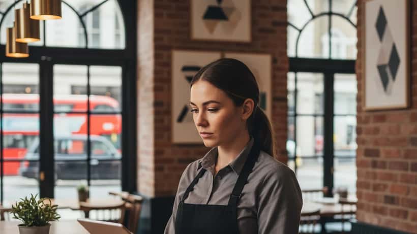 A fast food worker in London reviewing employment documents at a restaurant counter