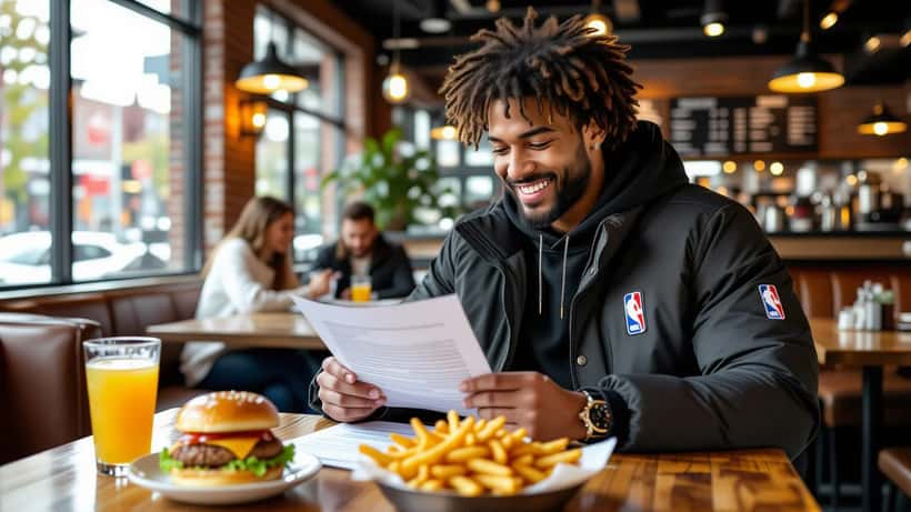 NBA athlete reviewing endorsement contract documents at a restaurant table