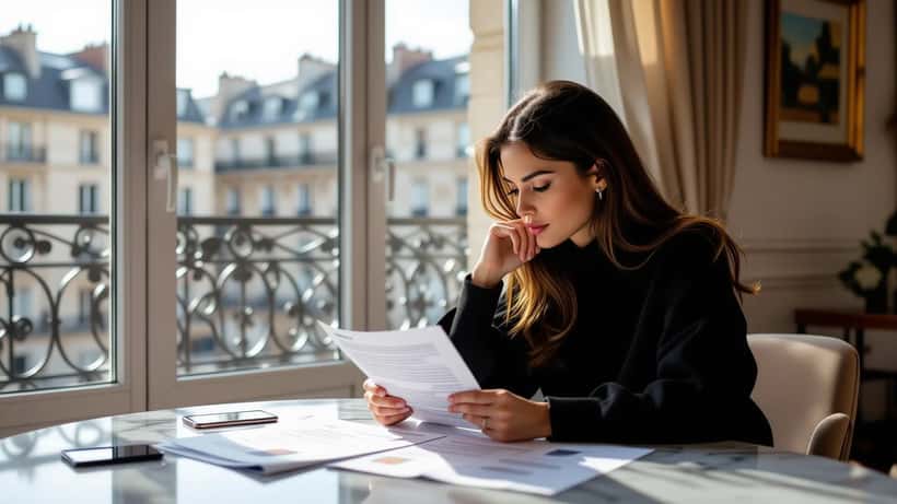 Jeune femme face à des documents juridiques de séparation dans un appartement parisien moderne