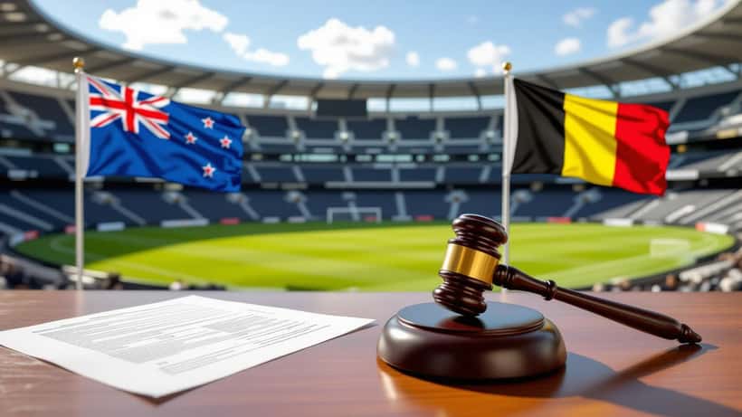 Stadio moderno con bandiere di Nuova Zelanda e Belgio, documenti legali e martelletto in primo piano