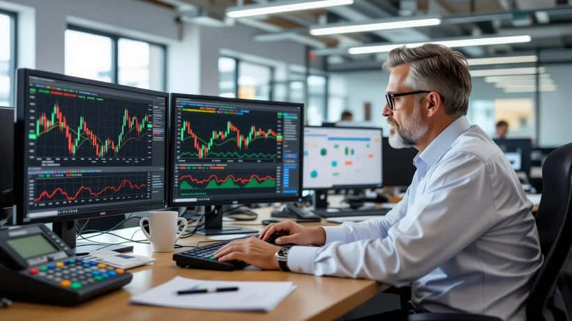Financial advisor reviewing a US retirement portfolio with China and emerging-markets stock charts on screen