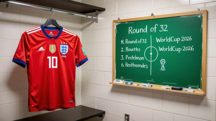 England football jersey in locker room with World Cup 2026 tactical chalkboard