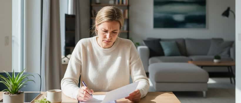 Deutsche Mieterin liest Mietvertrag am Küchentisch