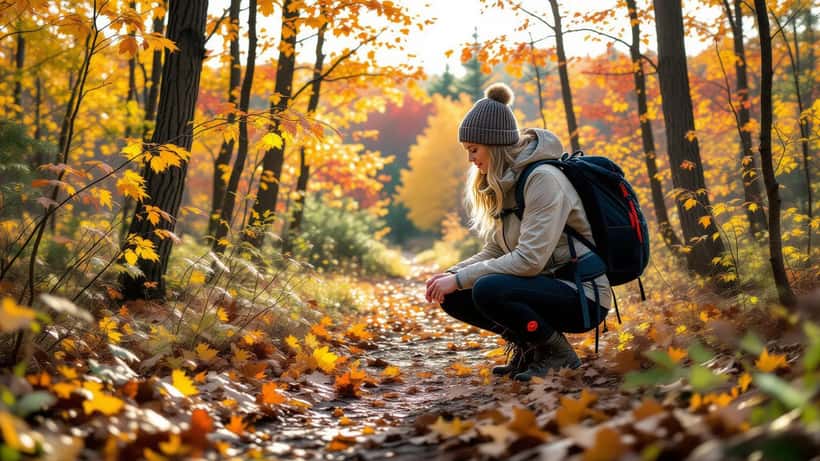 Hiker examining tick bite on leg during unseasonably warm Canadian fall 2026