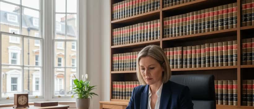 British solicitor reviewing legal documents in London law office