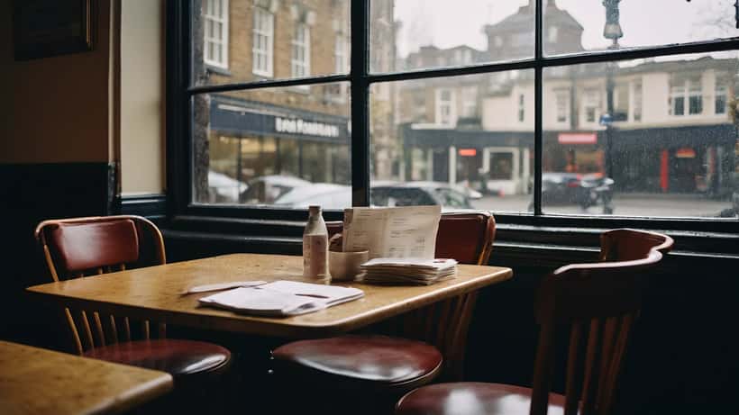Empty restaurant dining room with chairs stacked after closure announcement