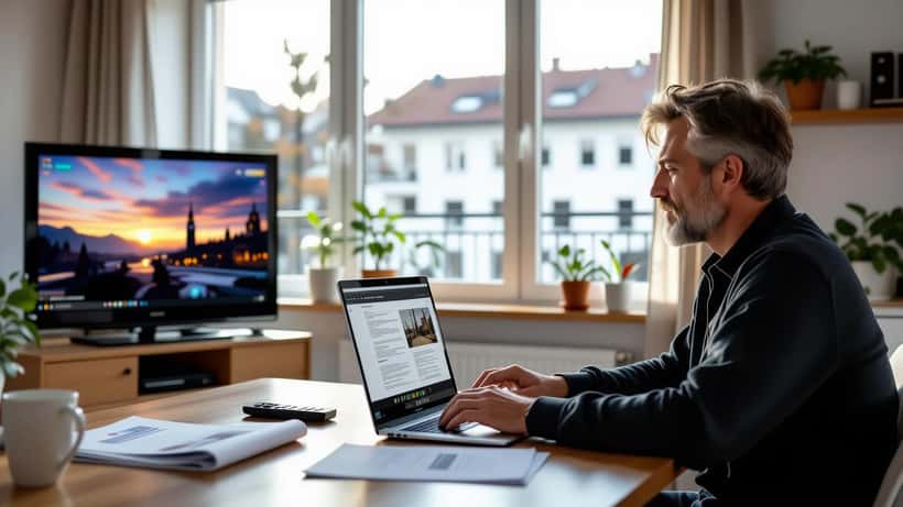 Person schaut Streaming-Dienst am Fernseher und überprüft ihr Abonnement
