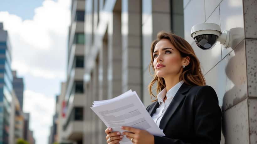 Mulher advogada observa câmera de vigilância em prédio federal em Brasília, documentos legais na mão