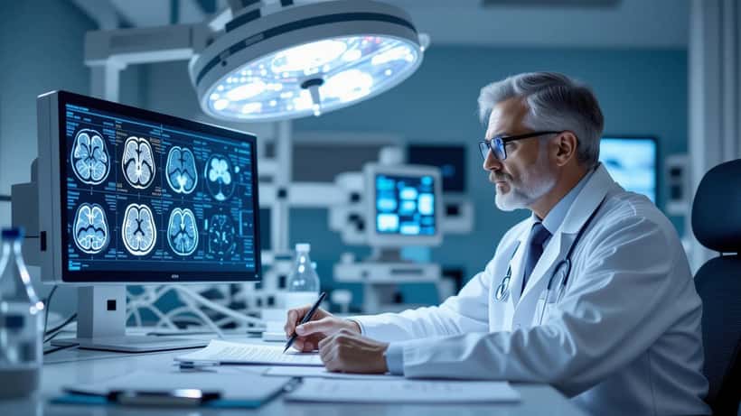 Neurologo italiano che esamina una risonanza magnetica del cervello in un reparto ospedaliero
