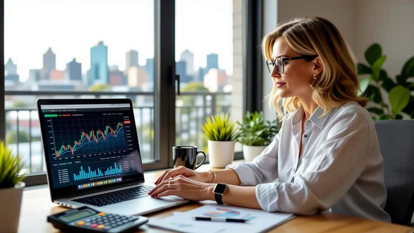 Australian woman reviewing superannuation statement on laptop with RBA cash rate chart showing 4.60% level