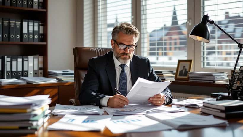 Advokat granskar ekonomisk brottmålsdokumentation i Stockholmskontor