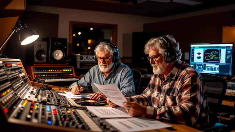 Zwei Musiker prüfen einen Plattenvertrag und Masterbänder in einem Tonstudio