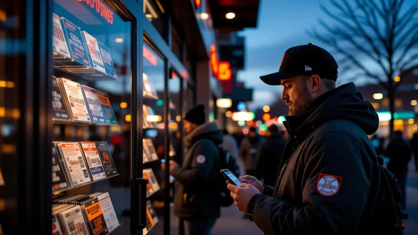 Canadian baseball fan checking resale ticket listings on a smartphone outside a stadium gate