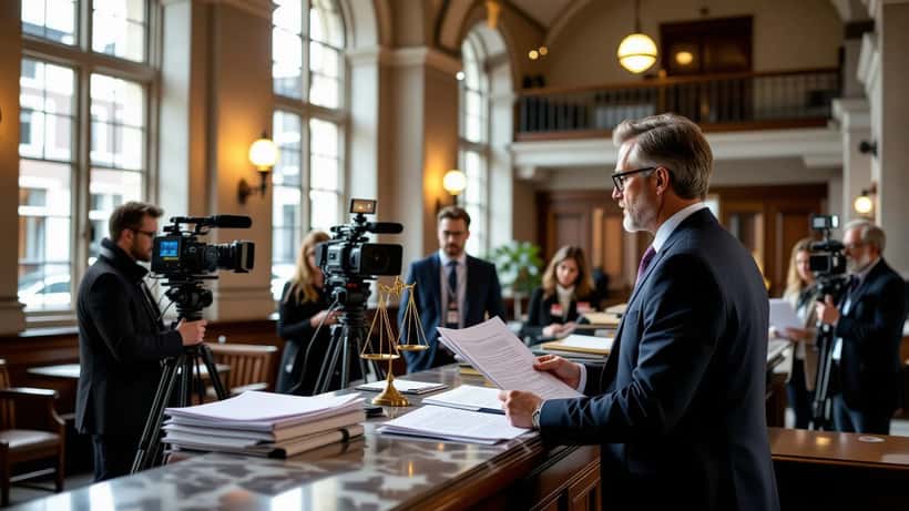 Advocaat beoordeelt juridische documenten buiten Amsterdam rechtbank met documentairefilmploeg op achtergrond