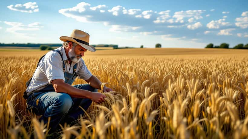 Agriculteur aisénien examinant ses céréales desséchées dans un champ de l'Aisne pendant la sécheresse 2026