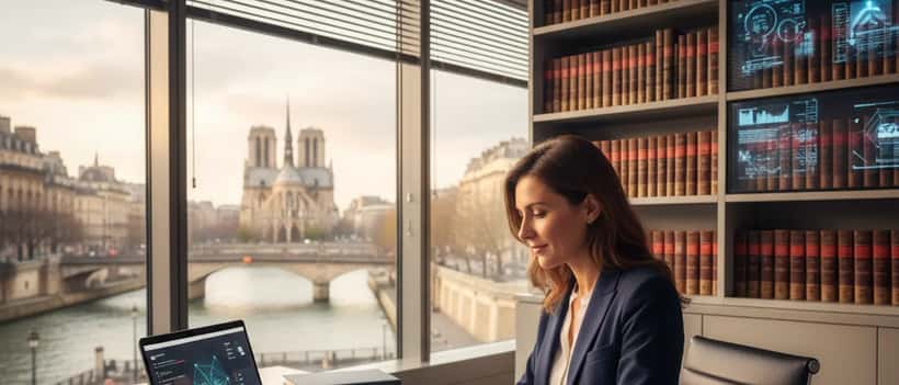 Avocate française spécialisée en droit du numérique analysant des documents juridiques relatifs à l'intelligence artificielle dans un bureau parisien