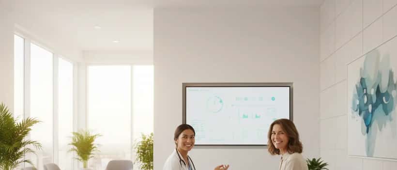 American woman in her early 50s in a wellness consultation with a female doctor in a modern clinic