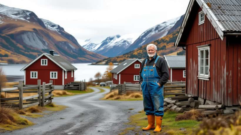 Eldre norsk bonde foran tradisjonell rød gårdsbygning i Sunnfjord