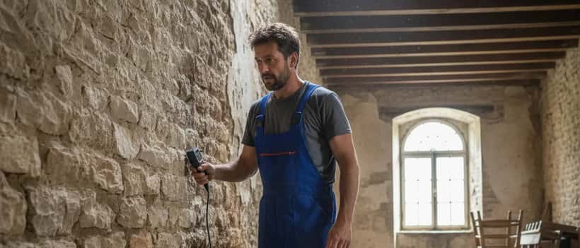 Artisan utilisant un hygromètre sur un mur inondé dans une maison rurale en Lozère