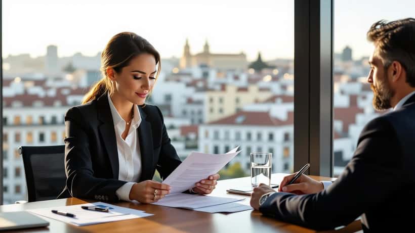 Mulher portuguesa em reunião com consultor financeiro a rever documentos de planificação patrimonial em escritório em Lisboa