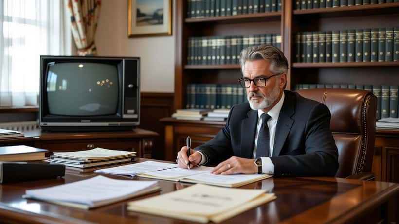 Wiener Notar prüft Testament und TV-Vertragsunterlagen auf dem Schreibtisch