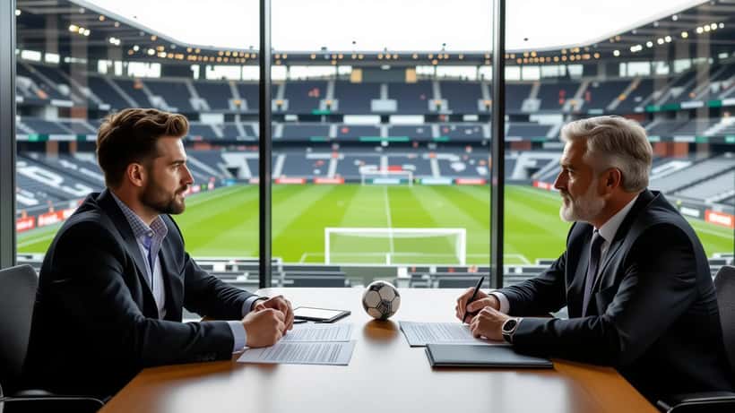 Contratto sportivo sul tavolo di una sala riunioni di un club di calcio italiano