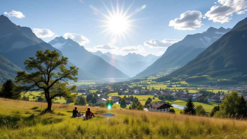 Paysage suisse sous un soleil intense en mai 2026, illustrant la vague de chaleur record
