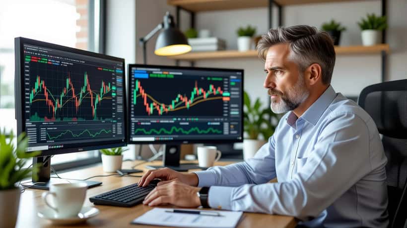 American investor reviewing CNBC bond yield charts and S&P 500 data on dual computer monitors in home office
