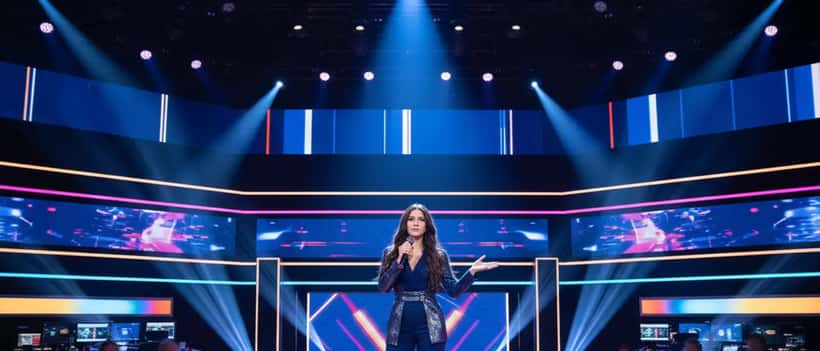 Giovane artista italiana sul palco televisivo con microfono, luci colorate Eurovision