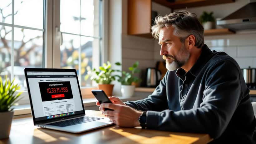 Mann prüft skeptisch eine gefälschte Nachrichtenseite mit Krypto-Werbung auf seinem Laptop