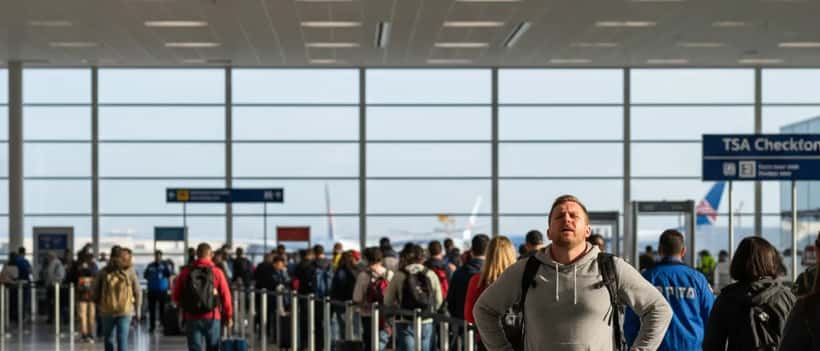 Traveler with luggage waiting in a long TSA security line at a US airport