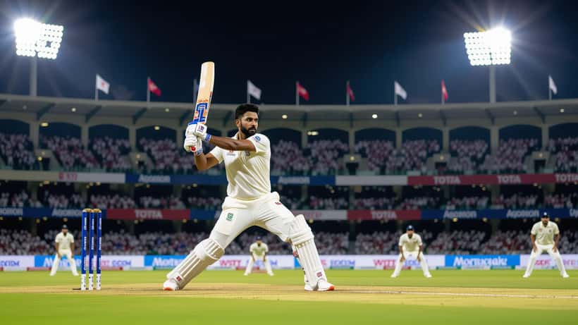 Fast bowler in cricket whites delivering the ball at full pace in a floodlit stadium