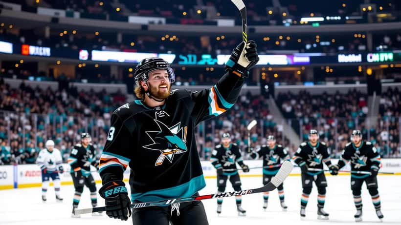 San Jose Sharks defenseman raising stick in overtime celebration on ice at SAP Center, teammates rushing to congratulate, arena lights overhead