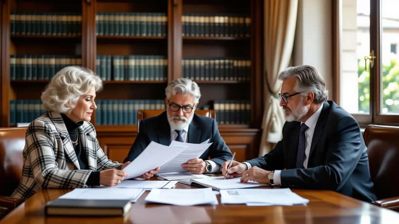 Famiglia italiana con un avvocato che esamina documenti medici e legali in uno studio legale di Milano