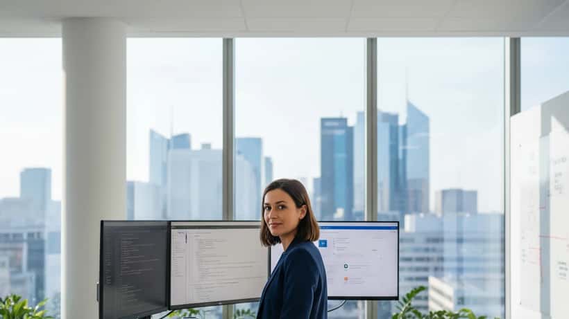 Professionnelle IT française travaillant avec des outils d'IA dans un open space parisien