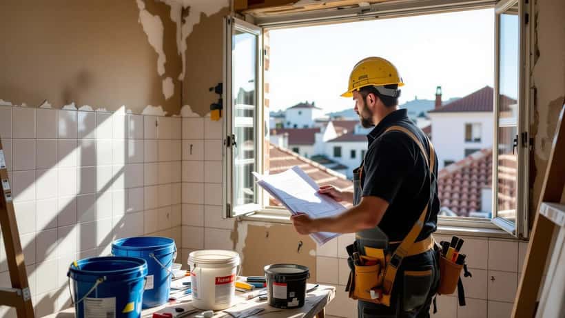 Empreiteiro português a rever plantas de renovação num apartamento em Lisboa com ferramentas de construção visíveis