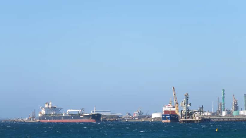Crude oil tanker and cargo ship at Kwinana Bulk Jetty, Western Australia