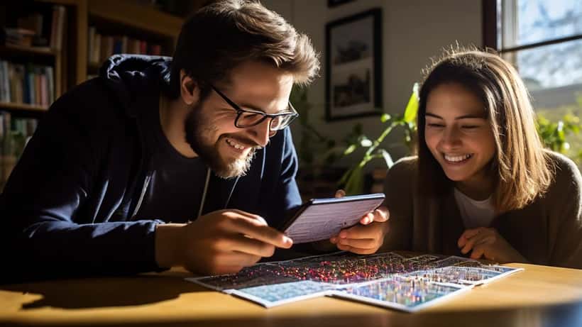 Student and private tutor looking at Wordle puzzle on phone, reviewing vocabulary together at home