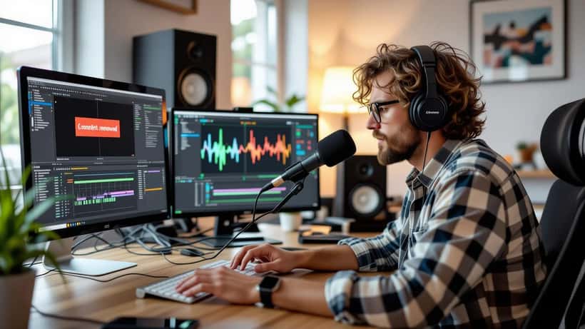Dansk musiker ser indholdsblokeringsbeskeden på laptop i hjemmestudie