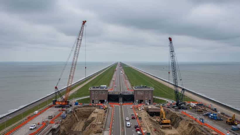 Luchtfoto van de Afsluitdijk met bouwkranen en werkzaamheden bij de nieuwe spuisluizen bij Den Oever