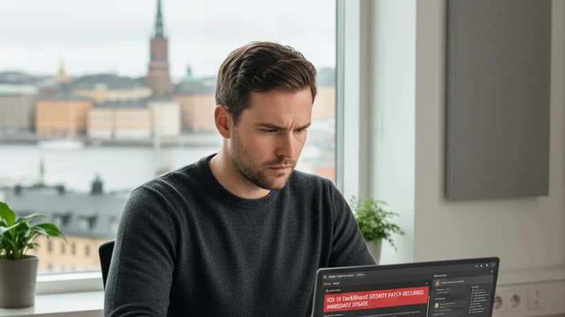 IT-säkerhetsspecialist i Stockholm analyserar iPhone-säkerhetsvarningar på laptop