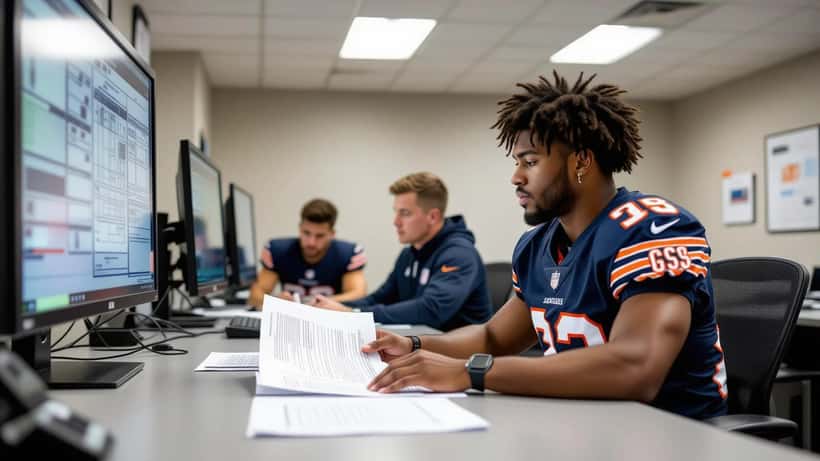 NFL player reviewing contract documents with team official in facility meeting room, depth chart visible on whiteboard