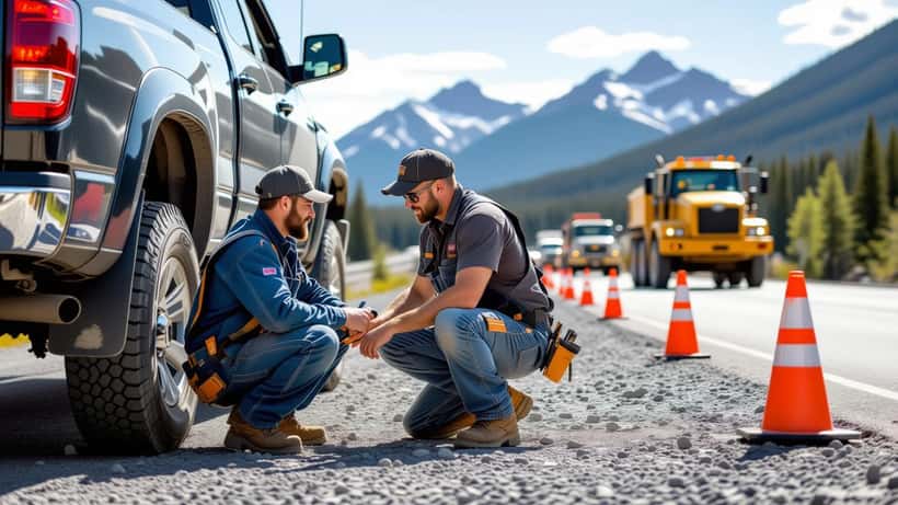 Mechanic inspecting truck tires at a northern BC highway construction zone with orange cones in summer 2026